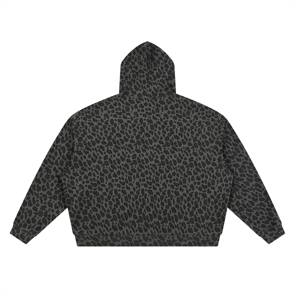FUERTE Unisex Leopard Print Waffle Full Zip Hoodie in Leopard Light Gray Back View