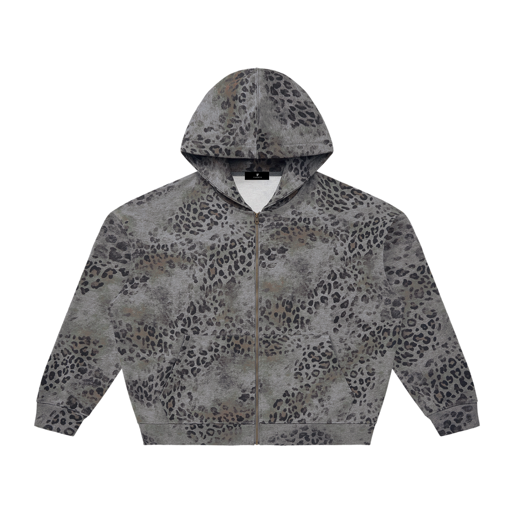 FUERTE Unisex Vintage Wash Leopard Full Zip Hoodie