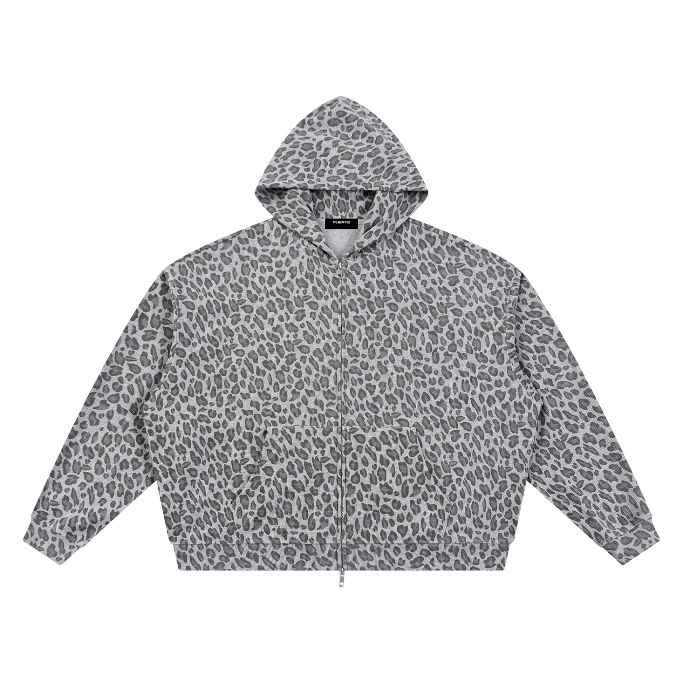 FUERTE Unisex Leopard Print Waffle Full Zip Hoodie in Leopard Black Front View