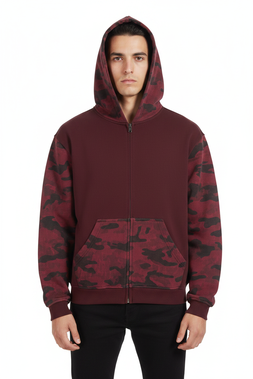 FUERTE Colorblock Camo Boxy Zip Hoodie