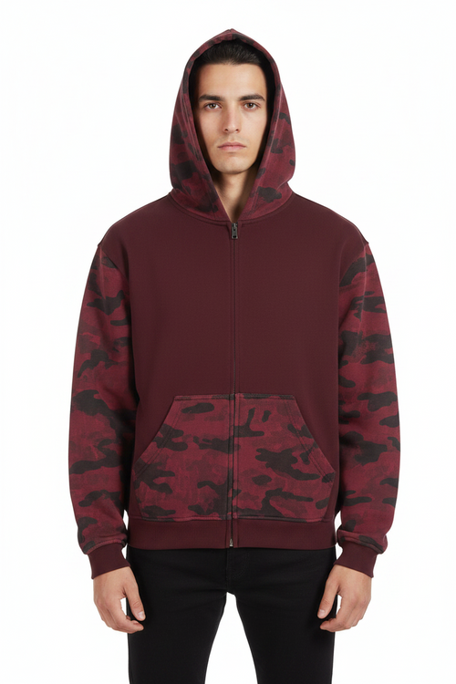 FUERTE Colorblock Camo Boxy Zip Hoodie