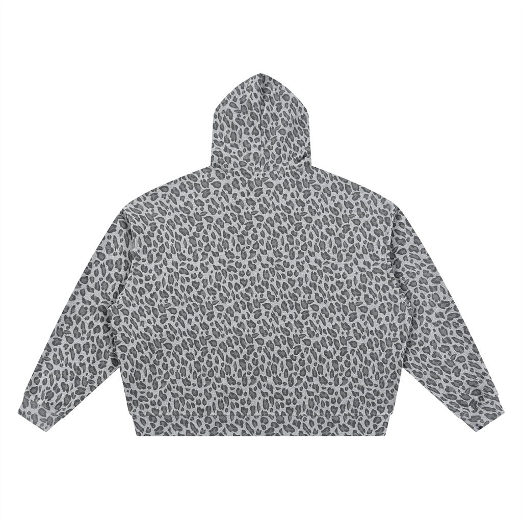 FUERTE Unisex Leopard Print Waffle Full Zip Hoodie in Leopard Black Back View