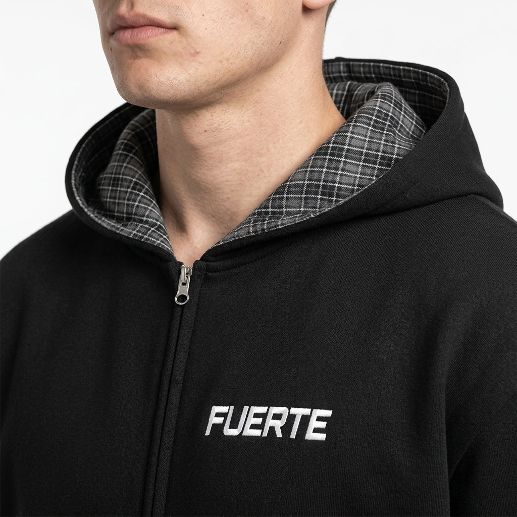 Contrast Plaid Boxy Zip Hoodie - Black / M — Generated | Generated by Modelize