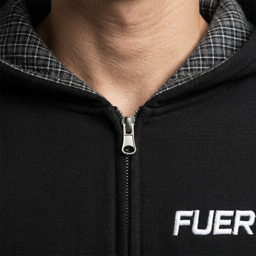 Boxy zip-up hoodie — Contrast Detail Close-up | Generated by Modelize