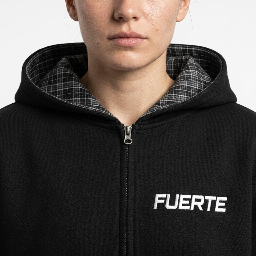 Zip-up hoodie — Plaid and Logo Detail | Generated by Modelize