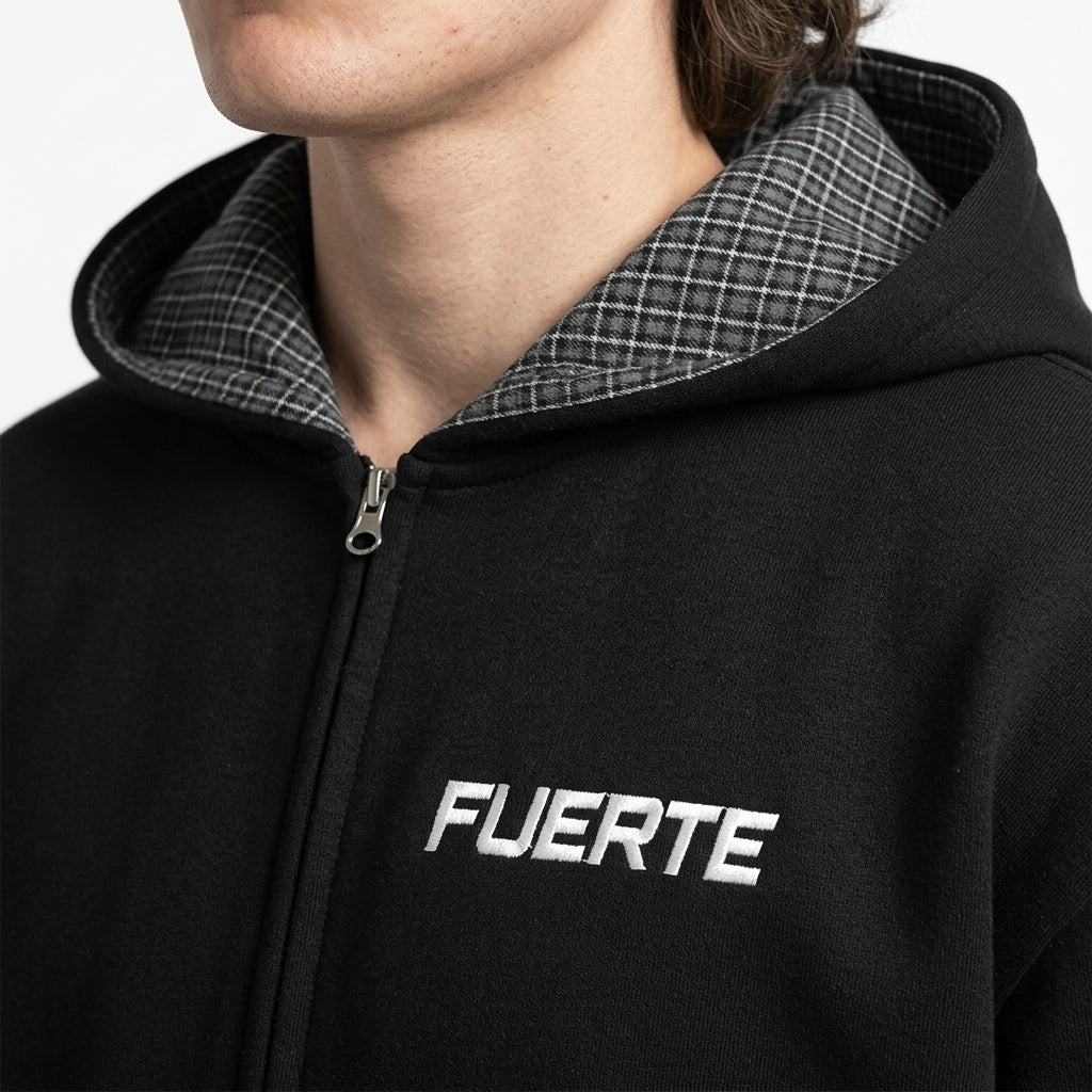 Zip Hoodie — Plaid and Logo Detail | Generated by Modelize