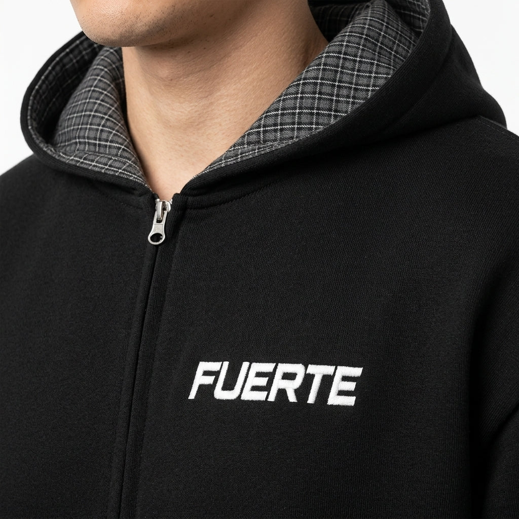 Zip-up hoodie — Plaid and Logo Detail | Generated by Modelize