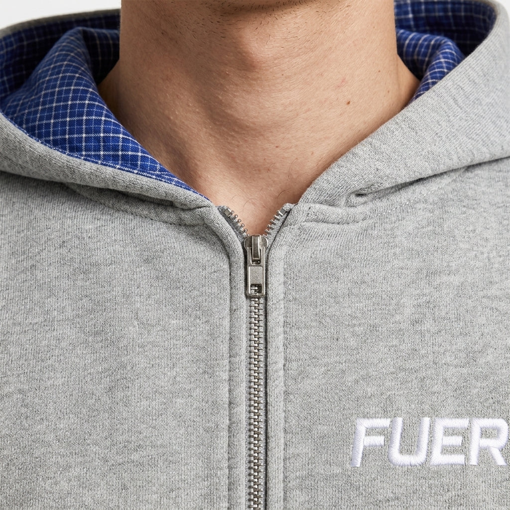 Boxy zip-up hoodie — Contrast Detail Close-up | Generated by Modelize