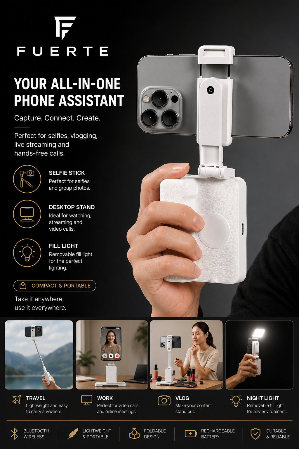 Multifunctional Fill Light Telescopic Stable Selfie Stick