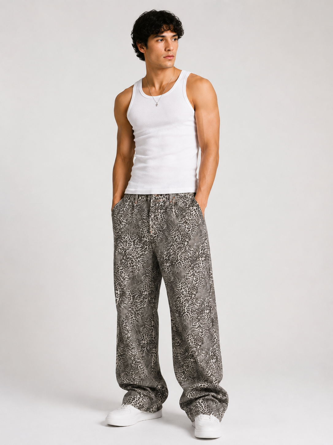 FUERTE Vintage Wash Leopard Wide-Leg Jeans