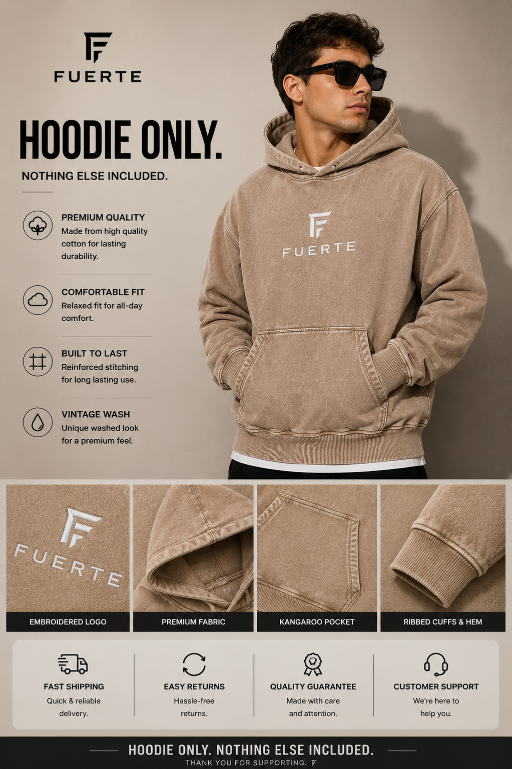 Snow Washed Loose Cotton Hoodie