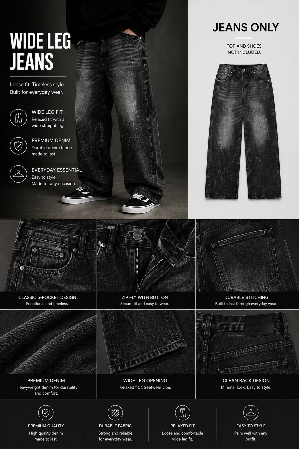 FUERTE Men’s Wide-Leg Jeans – Vintage Wash Denim