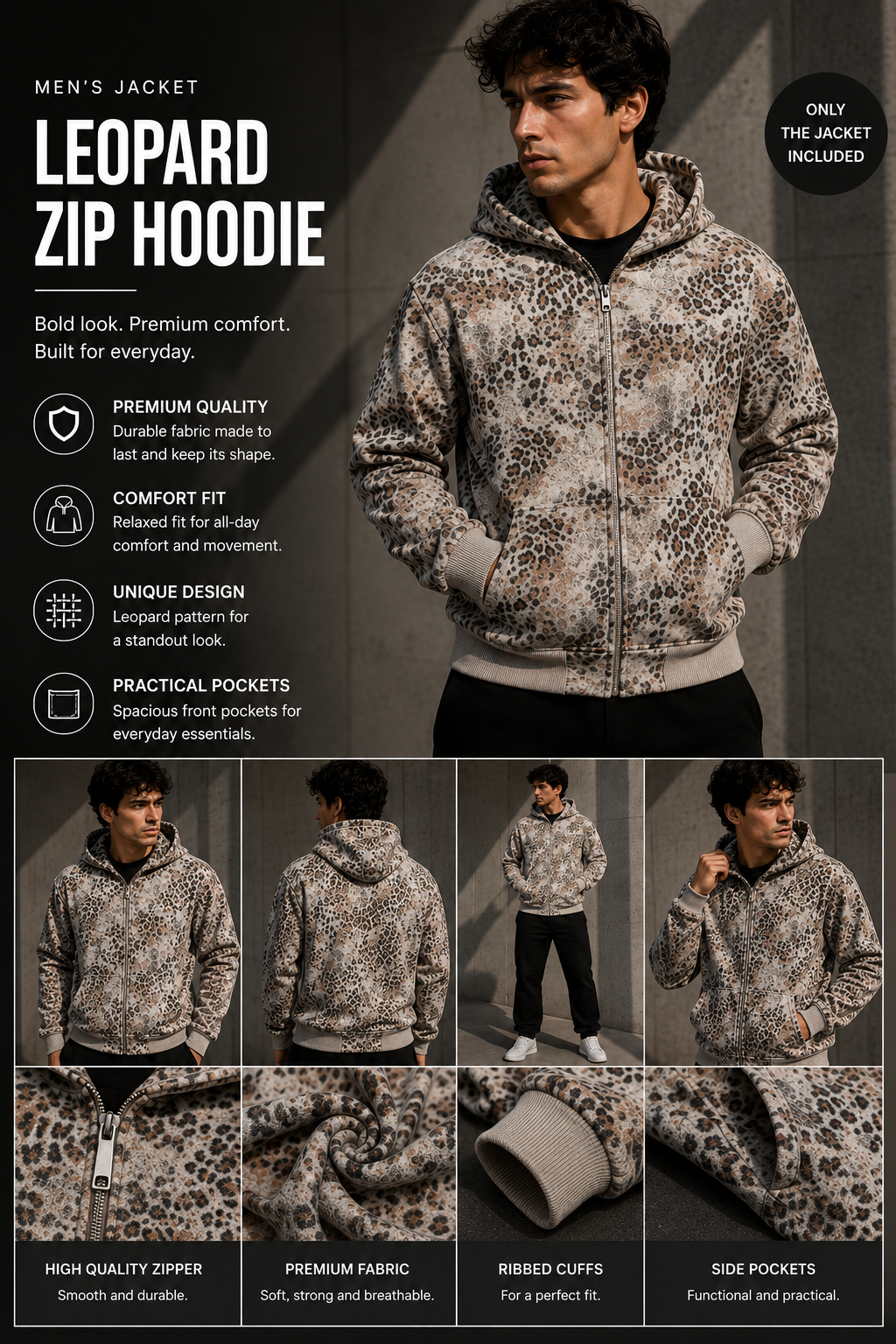 FUERTE Unisex Leopard Zip Hoodie – Vintage Wash