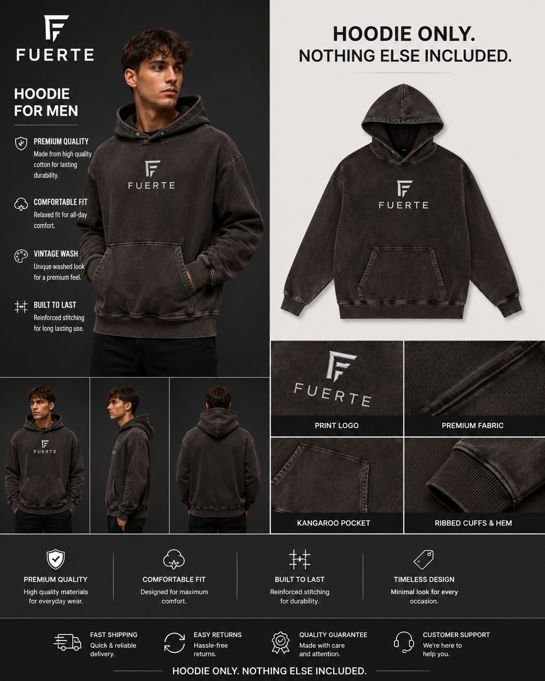 Snow Washed Loose Cotton Hoodie