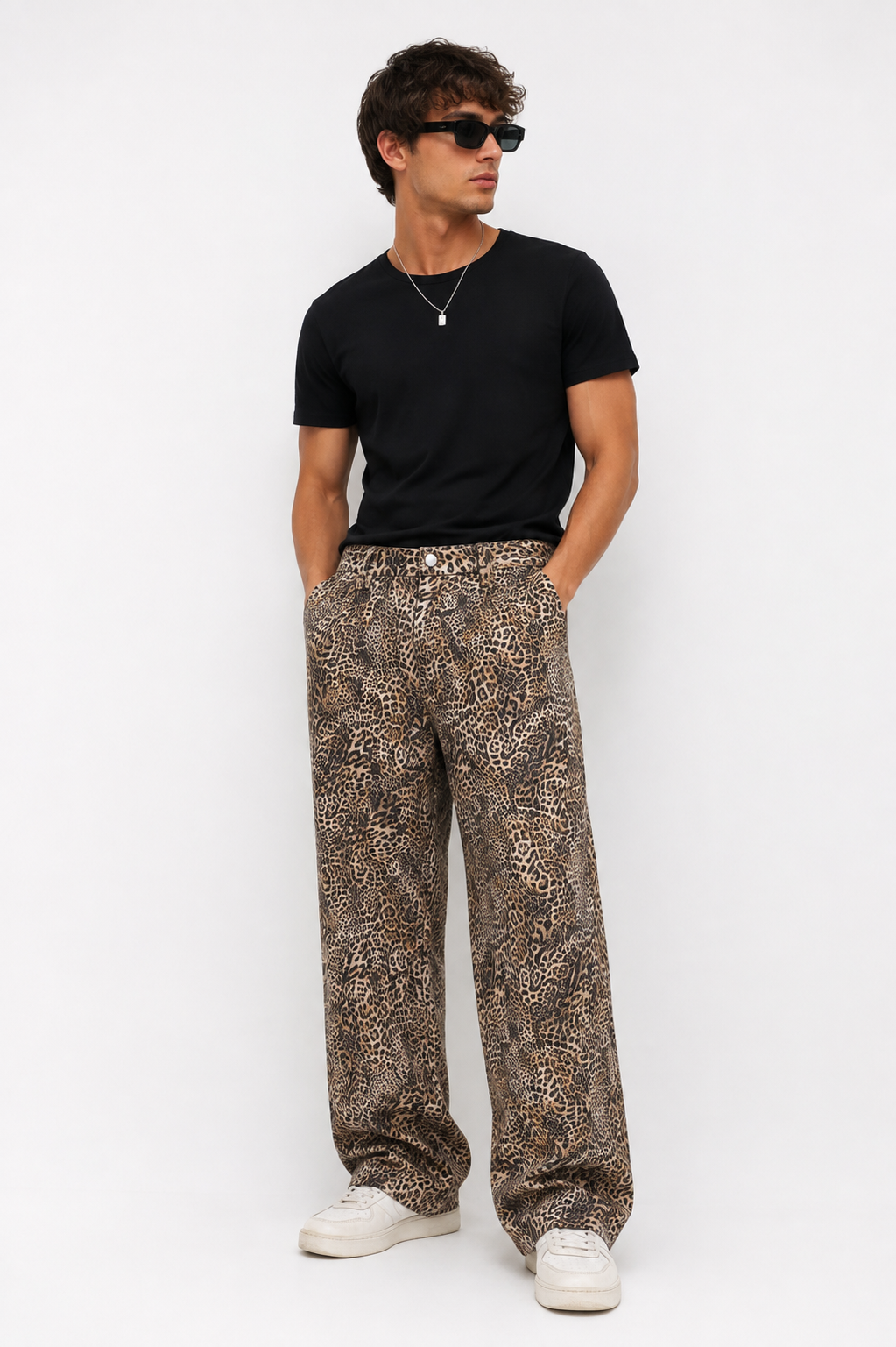FUERTE Vintage-Wash Leopard Wide-Leg Jeans