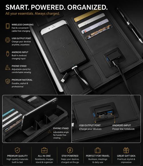 Business Document Bag A4 File Holder For Ipad Holder Zipper Notepad Porfolio With 5000 MAH Wiereless Charging Power Bank Inside