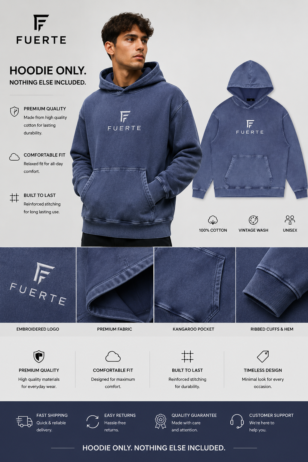 Snow Washed Loose Cotton Hoodie