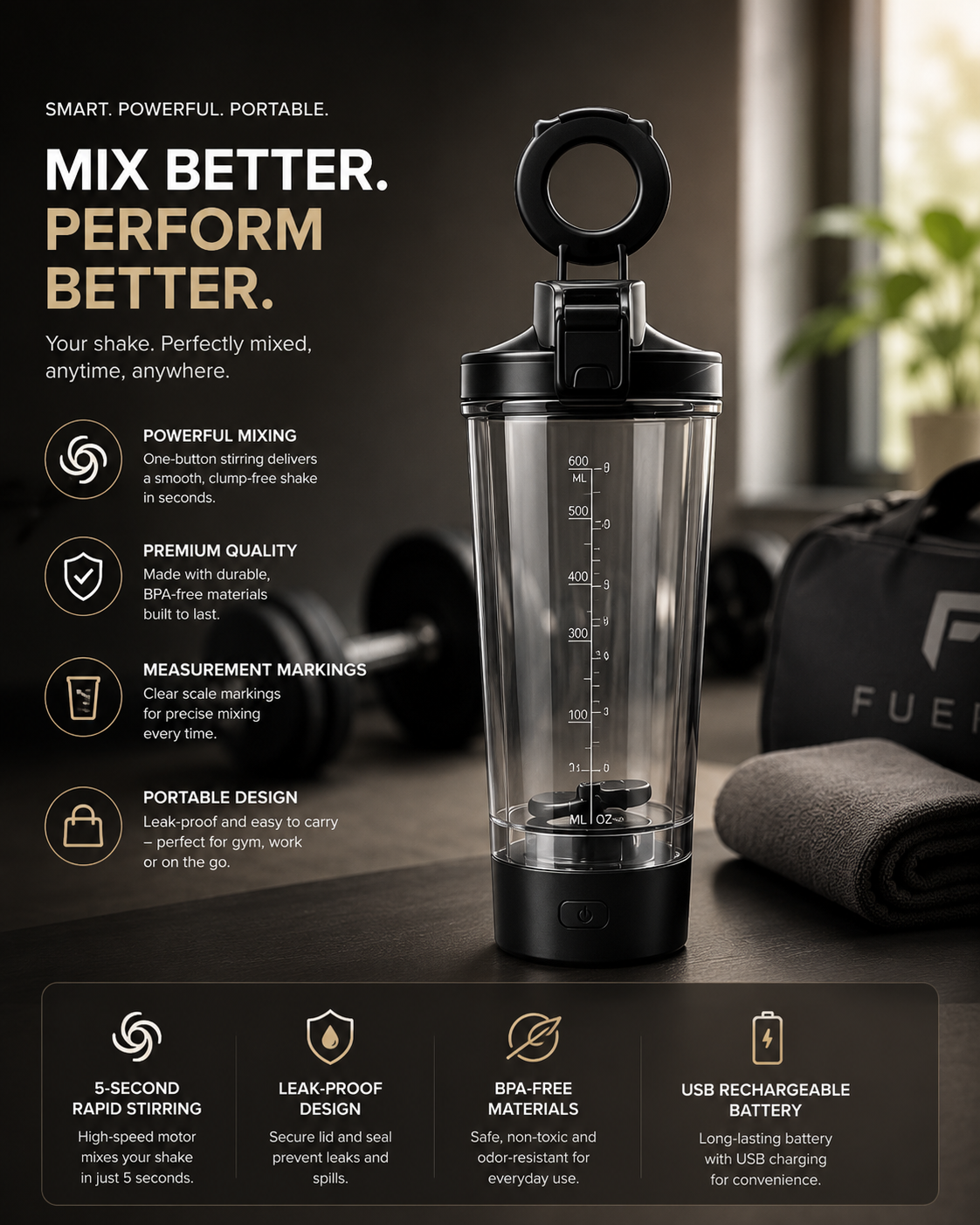 FUERTE Electric Protein Shaker – 700 ml