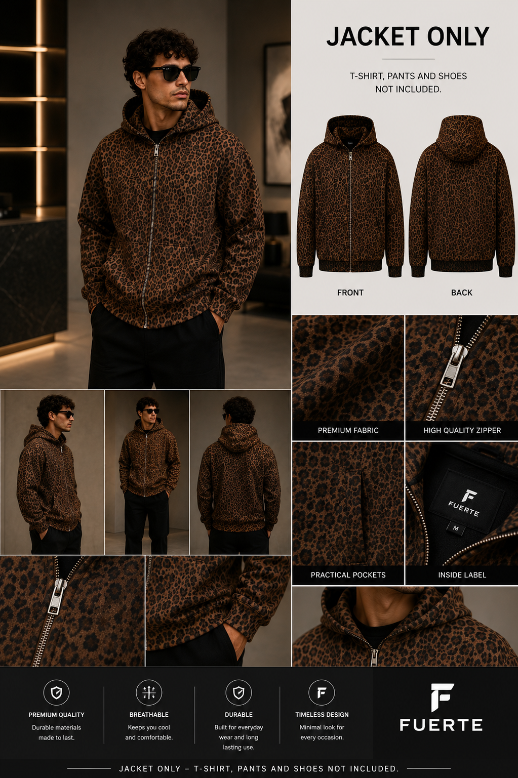 Unisex Leopard Print Waffle Full Zip Hoodie
