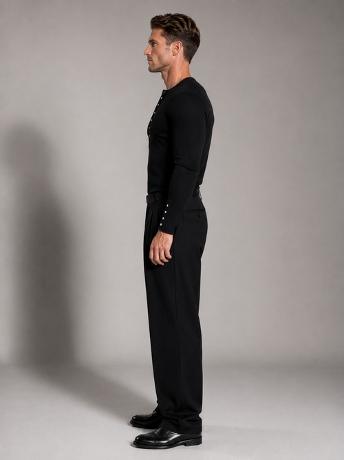 Black Henley Neck Ribbed Slim Fit Long Sleeve Knit Top