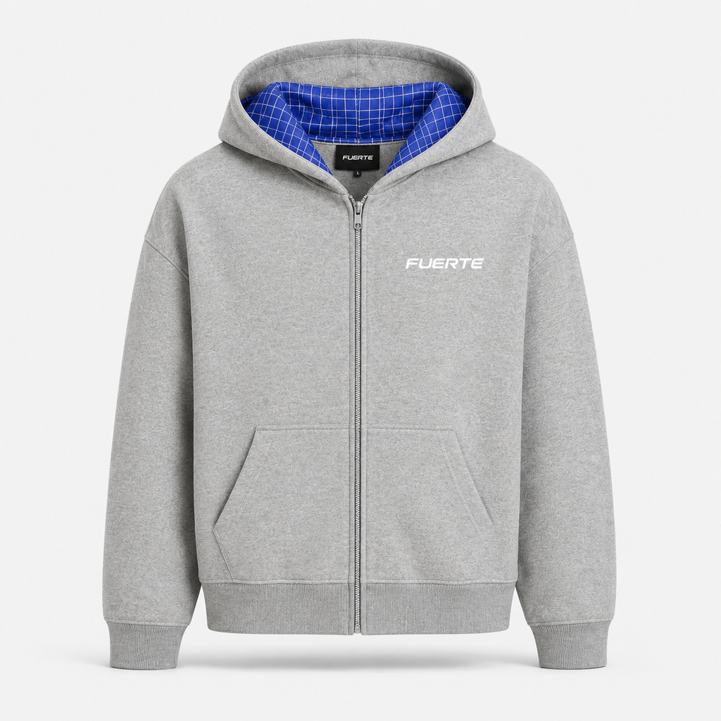FUERTE Contrast Plaid Boxy Zip Hoodie