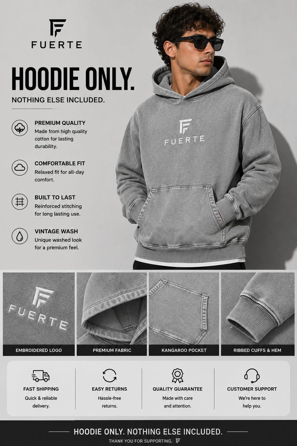 Snow Washed Loose Cotton Hoodie