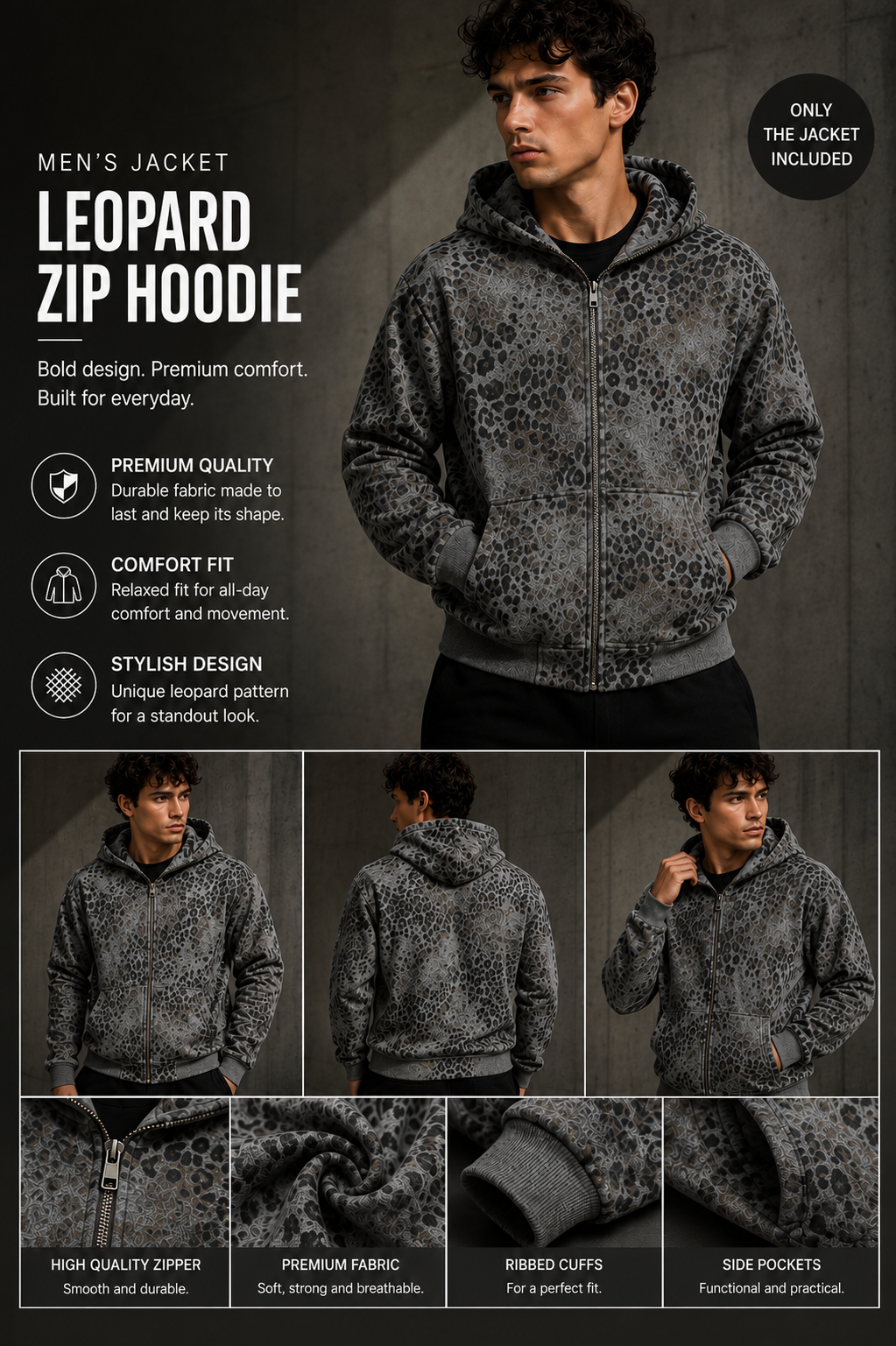 FUERTE Unisex Leopard Zip Hoodie – Vintage Wash