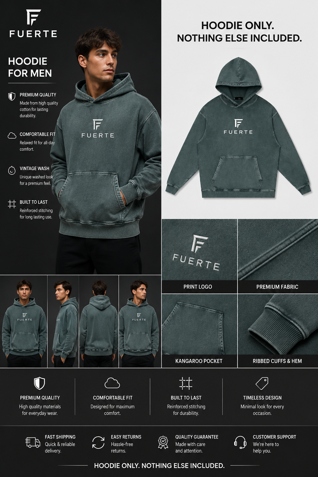 Snow Washed Loose Cotton Hoodie