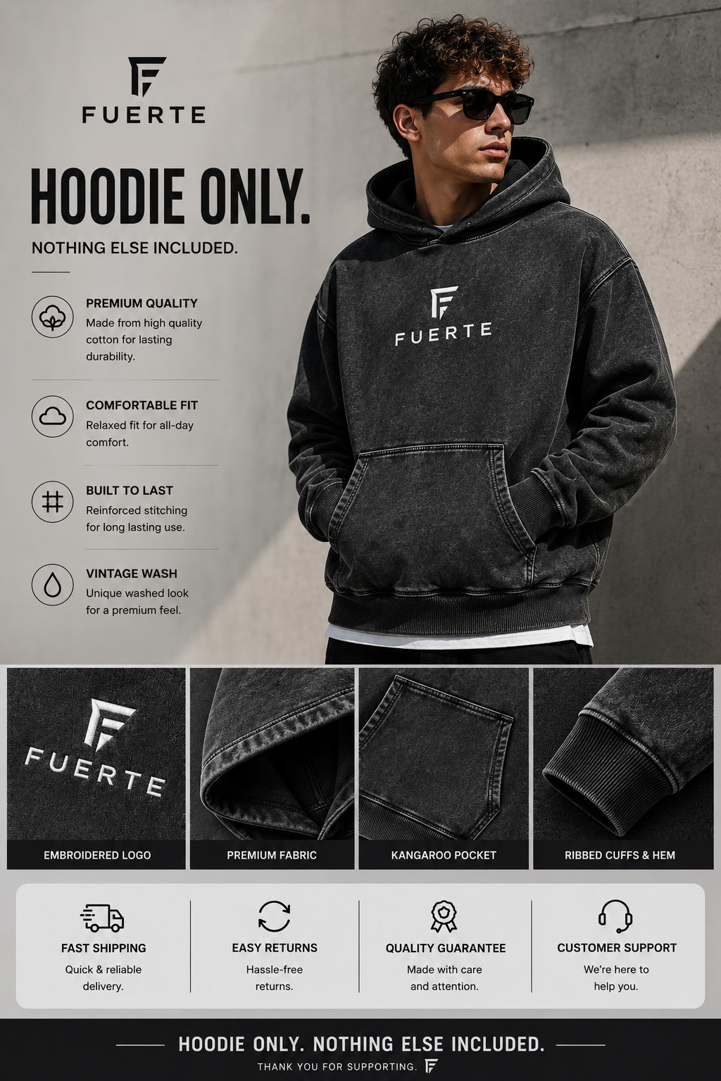 Snow Washed Loose Cotton Hoodie