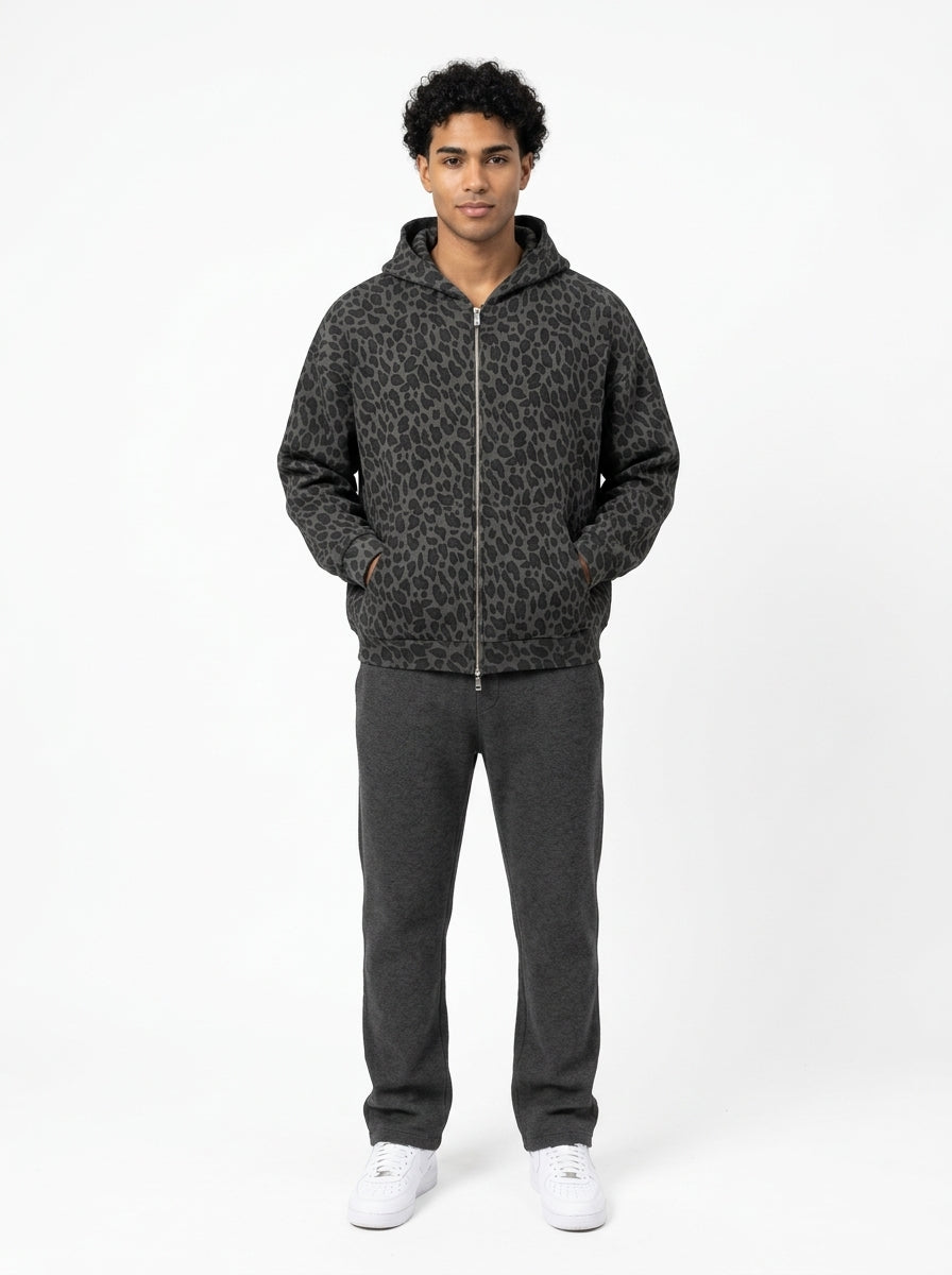 FUERTE Unisex Leopard Print Waffle Full Zip Hoodie on Model Front View White Studio