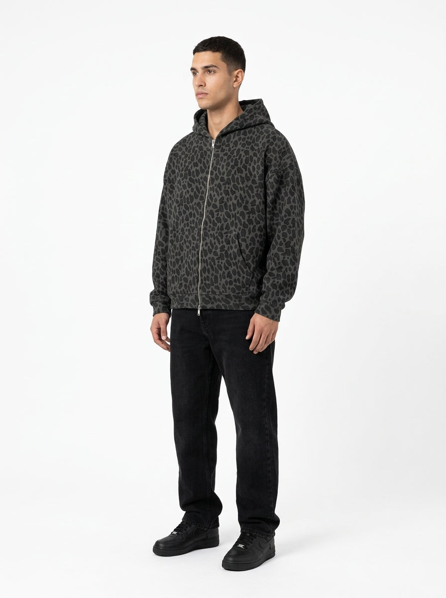 FUERTE Unisex Leopard Print Waffle Full Zip Hoodie on Model Angled View White Studio