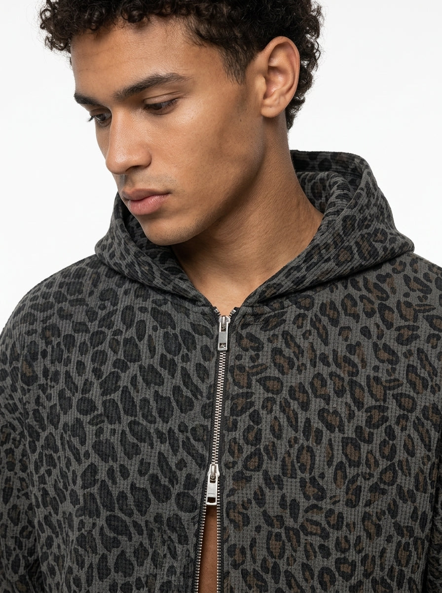 FUERTE Unisex Leopard Print Waffle Full Zip Hoodie on Model Close-Up Detail White Studio