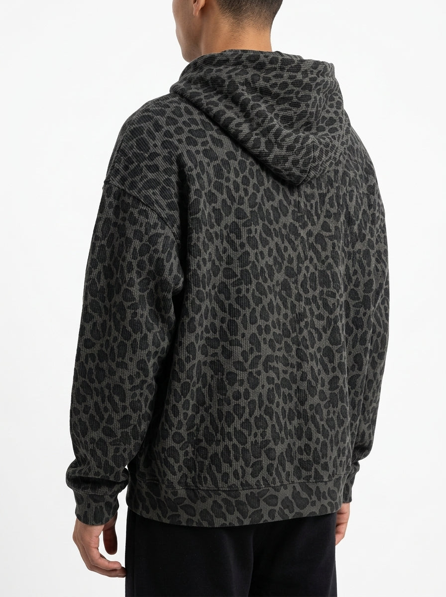 FUERTE Unisex Leopard Print Waffle Full Zip Hoodie on Model Back View White Studio