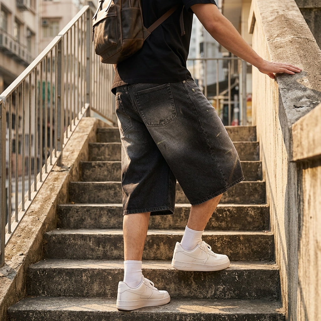 Men’s Vintage Wash Wide Leg Denim Shorts - Relaxed Fit Lifestyle Angle
