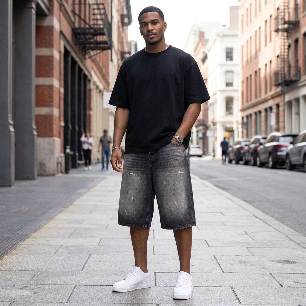 Men’s Vintage Wash Wide Leg Denim Shorts - Urban Streetwear Lifestyle