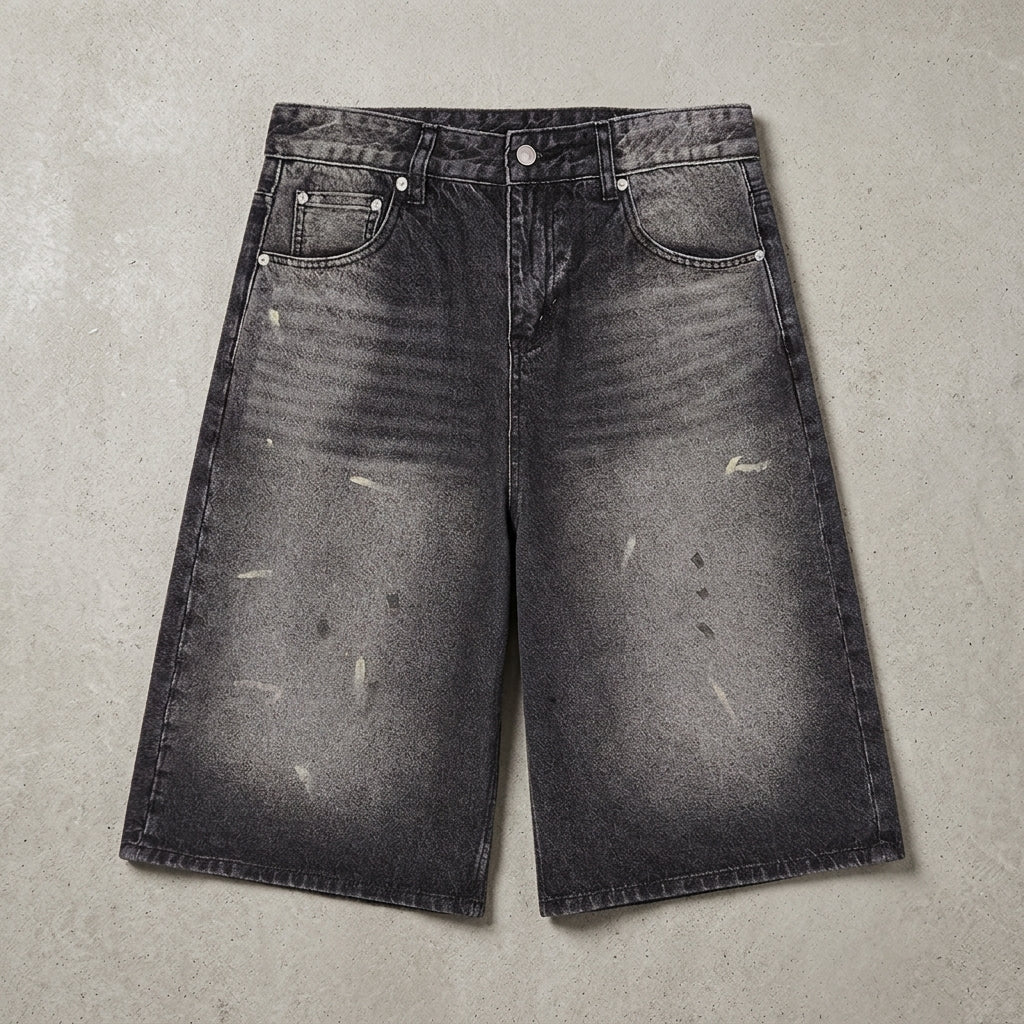 Men’s Vintage Wash Wide Leg Denim Shorts - Studio Flat Lay