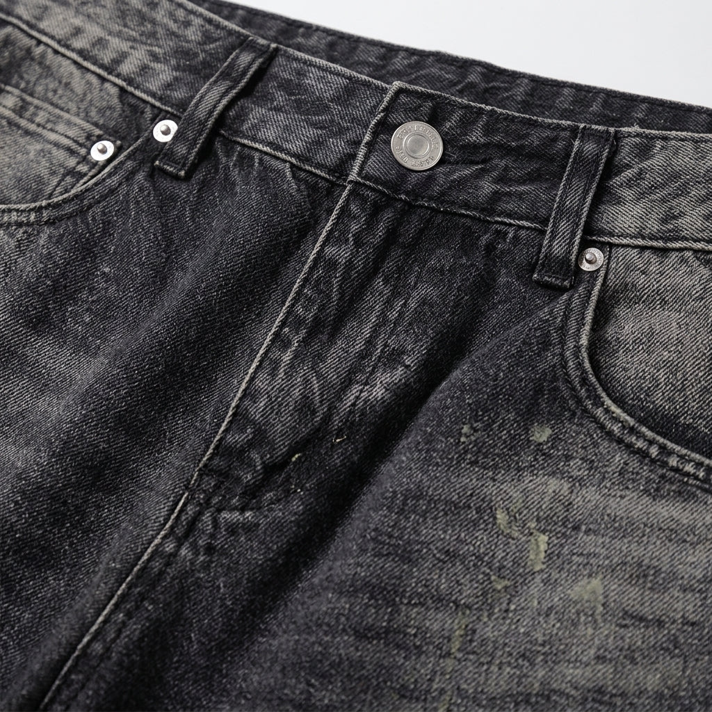 Men’s Vintage Wash Wide Leg Denim Shorts - Denim Texture & Hardware Close-Up