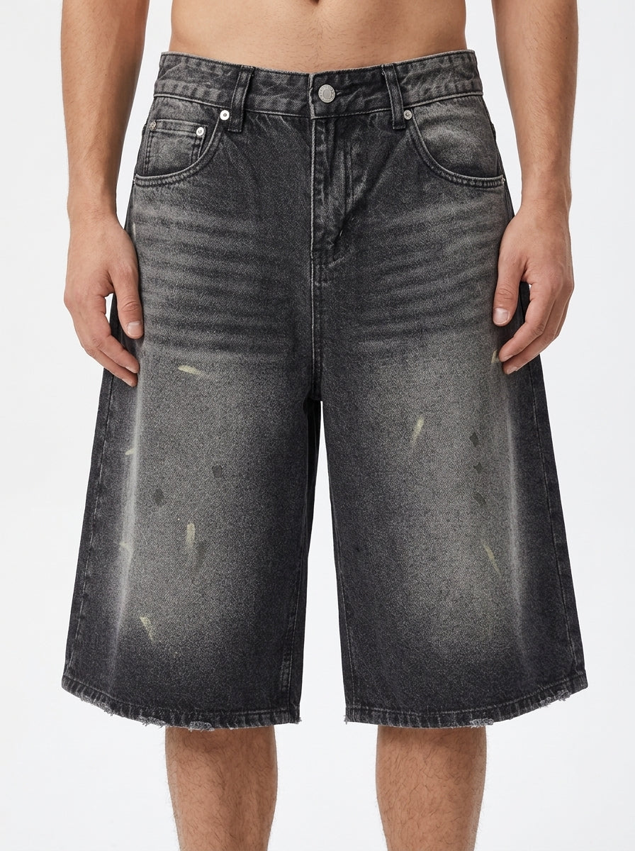 Men’s Vintage Wash Wide Leg Denim Shorts - Model Detail Studio View