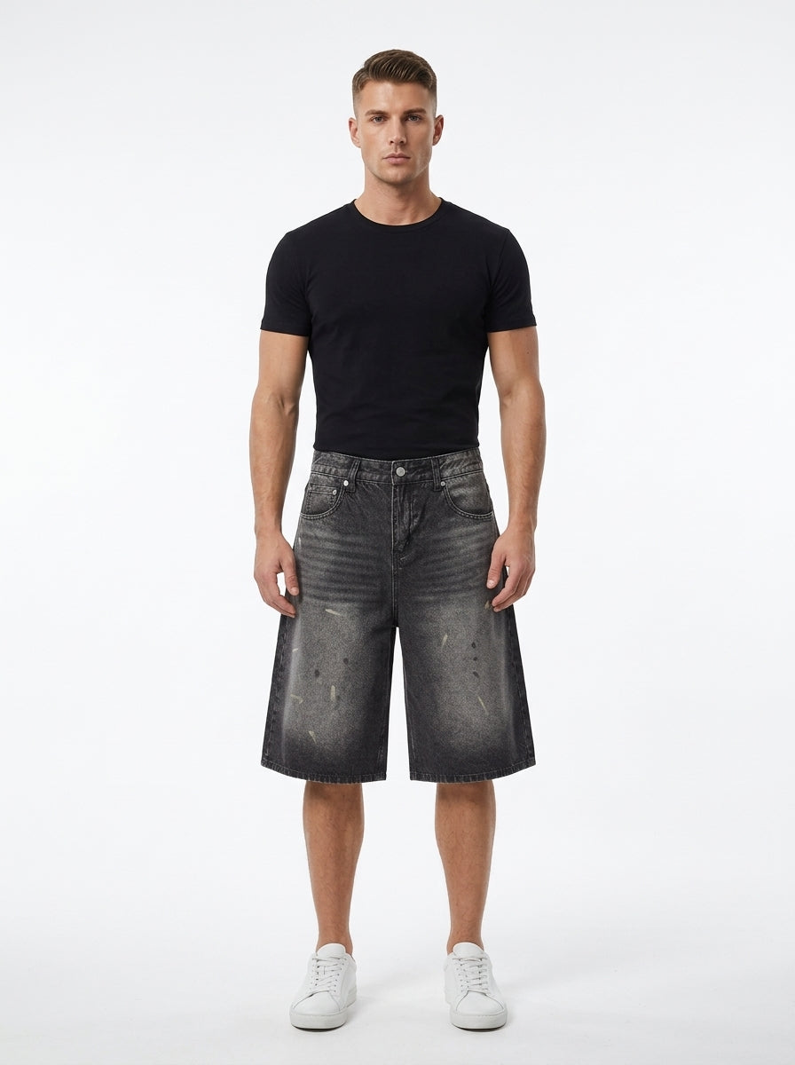 Men’s Vintage Wash Wide Leg Denim Shorts - Model Front Studio View