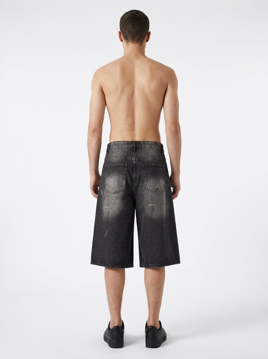 Men’s Vintage Wash Wide Leg Denim Shorts - Model Back Studio View