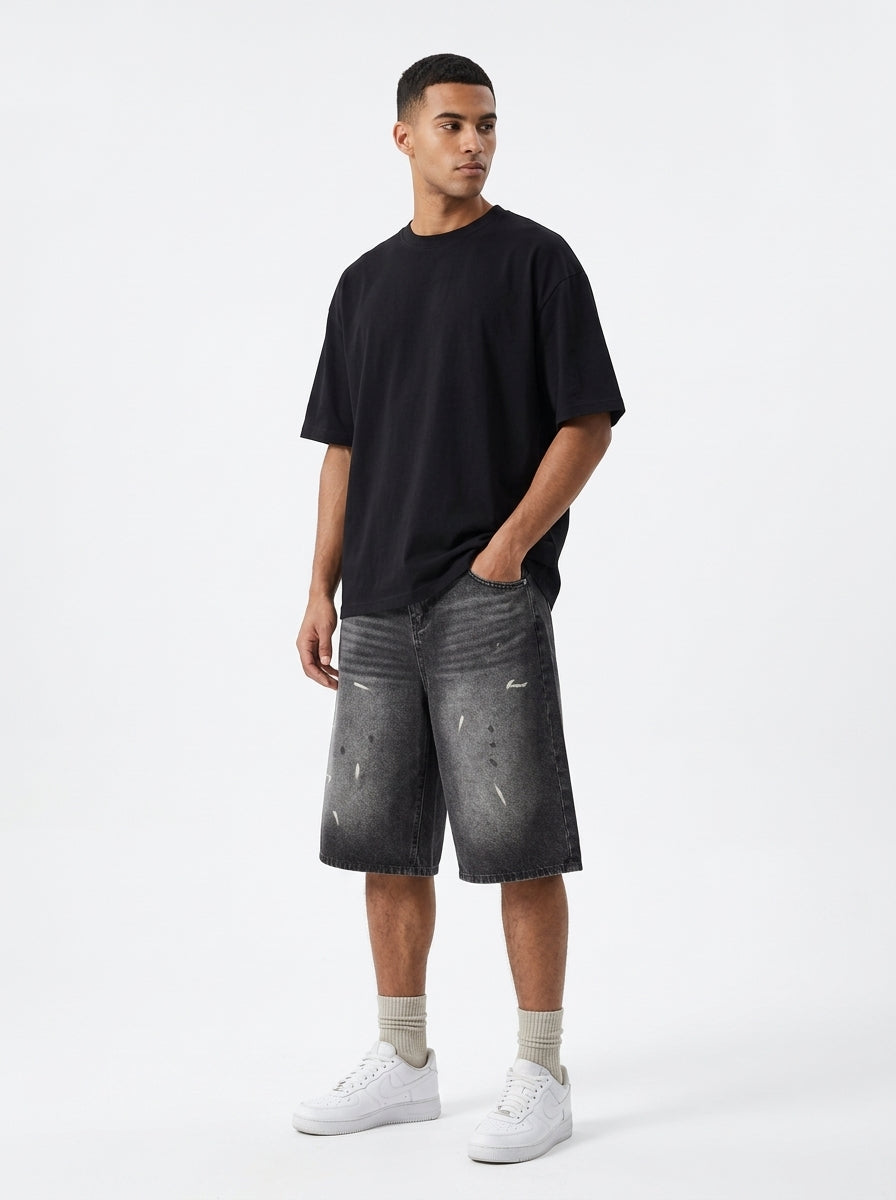 Men’s Vintage Wash Wide Leg Denim Shorts - Model 3/4 Studio View